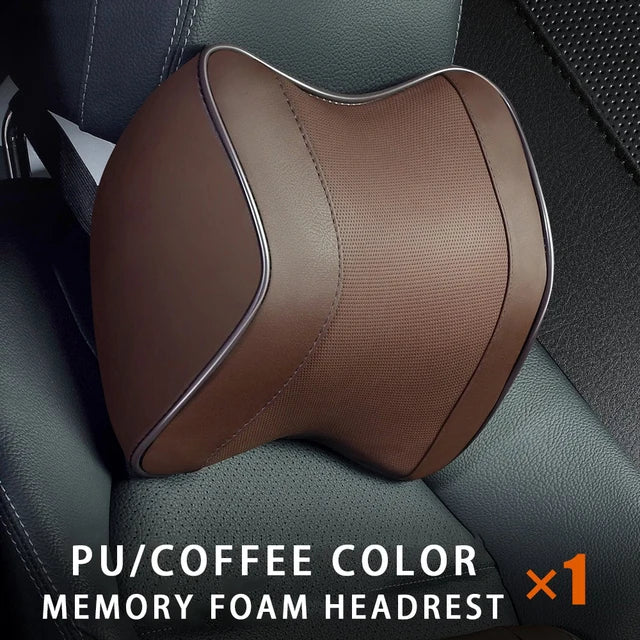 PU Leather Headrest Pillow: Universal Car Neck Support Cushion Set with Breathable Memory Foam Lumbar Pillow and Guard