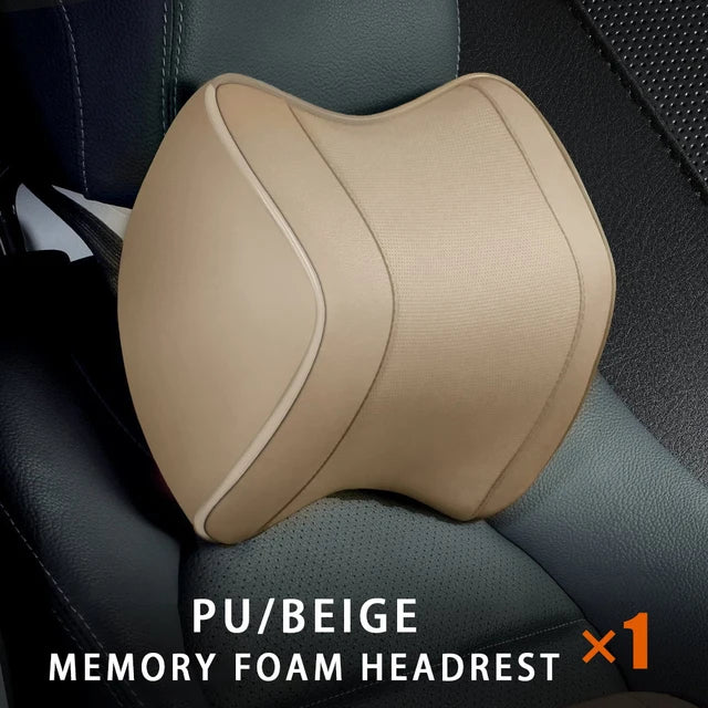 PU Leather Headrest Pillow: Universal Car Neck Support Cushion Set with Breathable Memory Foam Lumbar Pillow and Guard