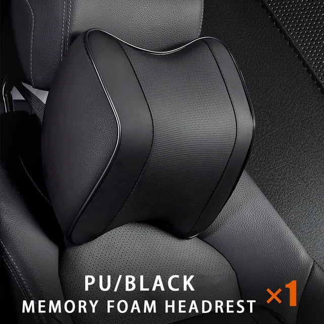 PU Leather Headrest Pillow: Universal Car Neck Support Cushion Set with Breathable Memory Foam Lumbar Pillow and Guard