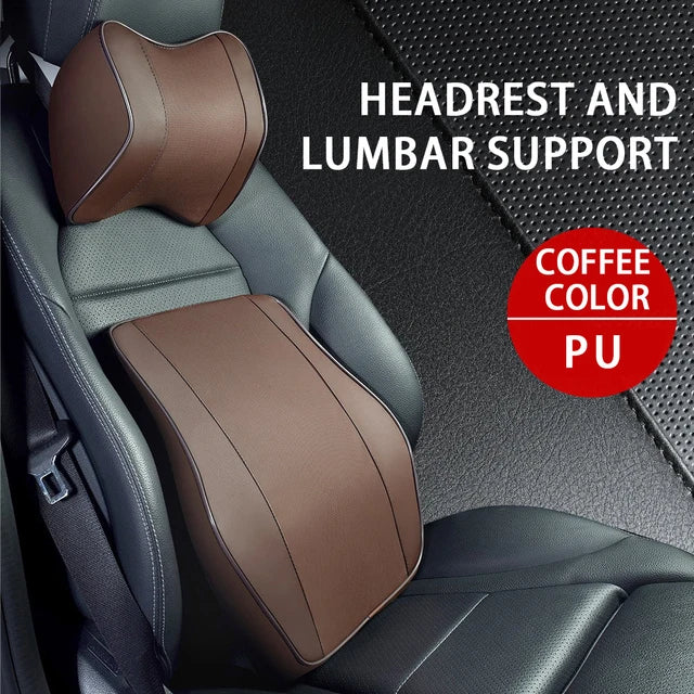 PU Leather Headrest Pillow: Universal Car Neck Support Cushion Set with Breathable Memory Foam Lumbar Pillow and Guard - Delicate Leather