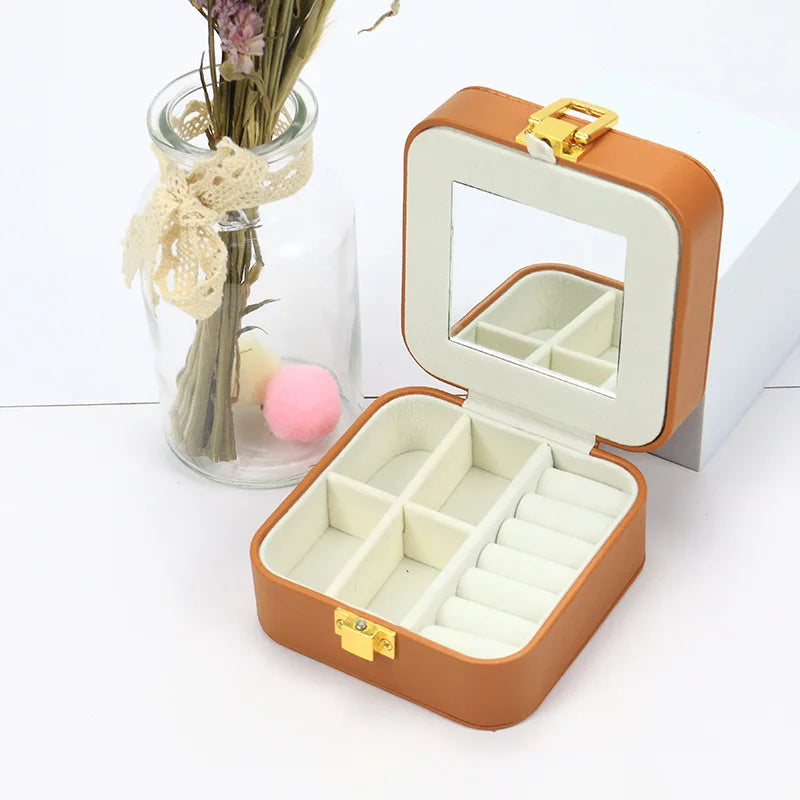 PU Leather Portable Double Layer Jewelry Storage Box with Mirror