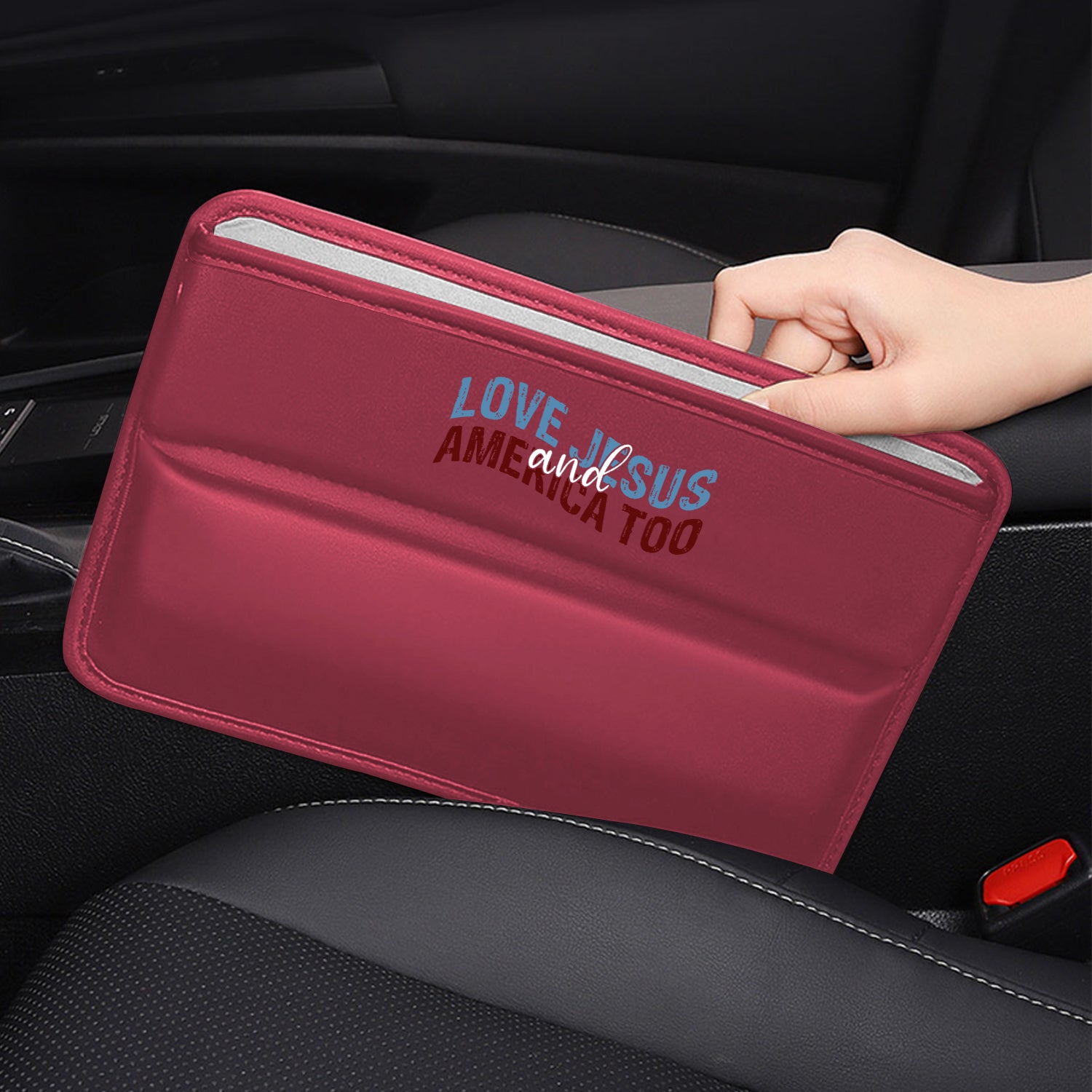 Love Jesus And America Too Car Seat Gap Filler Organizer, Custom-Fit For Car, Multifunctional PU Leather Console Side Pocket Organizer for Cellphones, Cards, Wallets, Keys, Retro 4th of July 05