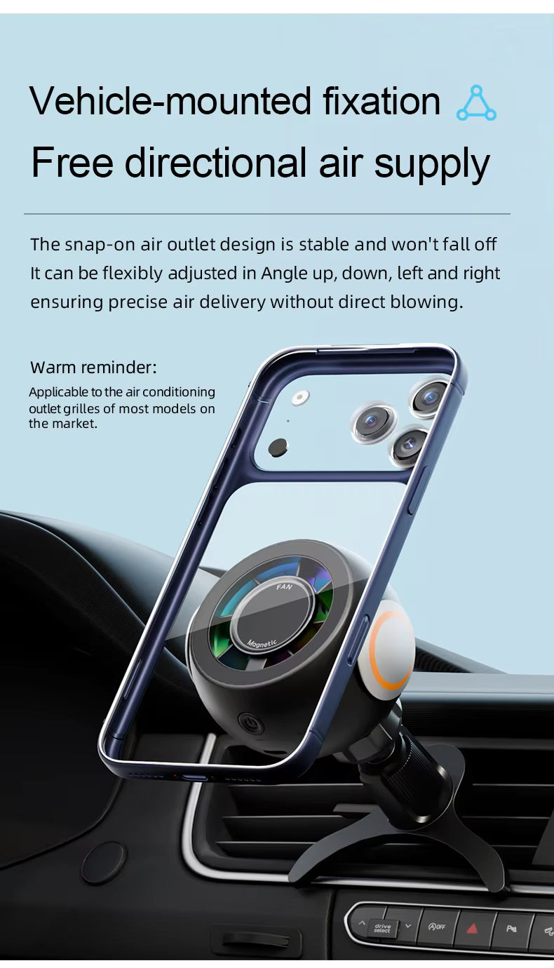 Magnetic Car Phone Holder with Cooling Fan, Aroma Diffuser & RGB Ambient Light - Delicate Leather  