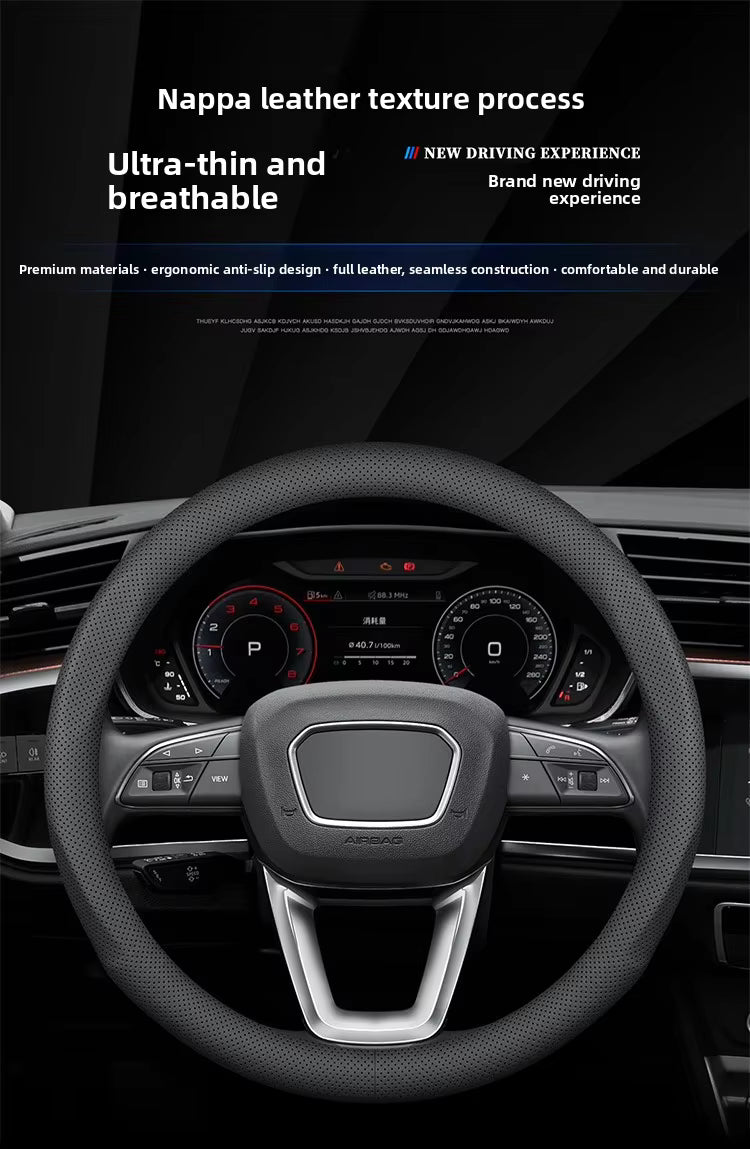 Ultra-Thin Nappa Leather Steering Wheel Cover – Universal Anti-Slip All-Season Grip - Delicate Leather  