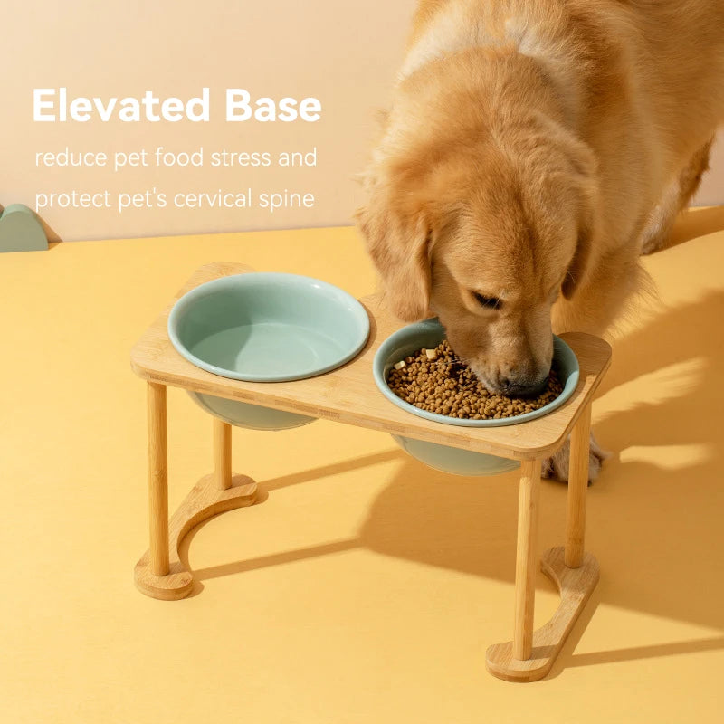 Big Dogs Dining Table Elevated Pet Double Food Water Bowls with Wooden Stand Medium Dog Drinking Eating Feeding Feeders - Delicate Leather