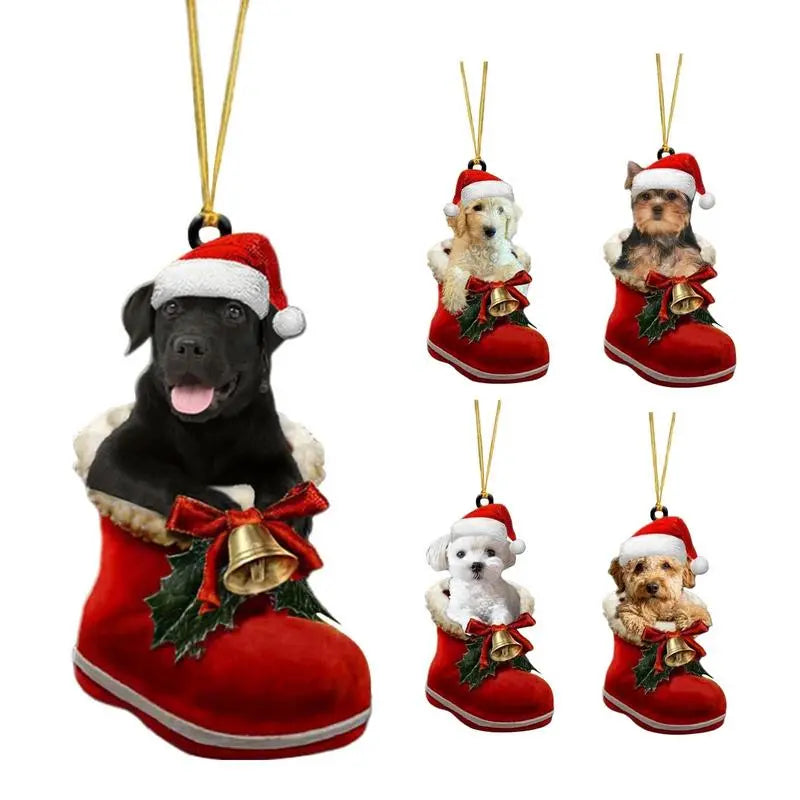 Cute Dog Christmas Tree Pendants 2D Acrylic Christmas Ornaments Hanging Decorations for Car Door Window Xmas Gifts New Year 2024