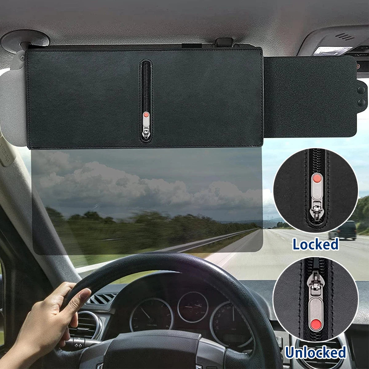 Universal Polarized Sun Visor Anti-Glare Sunshade Extender with Zipper Slider for Cars, SUVs, and Taxis - Sun Blocker, Adjustable Anti-Dazzle Blocker Accessory with Stable & Durable PU Leather, PC, and PP Board Material