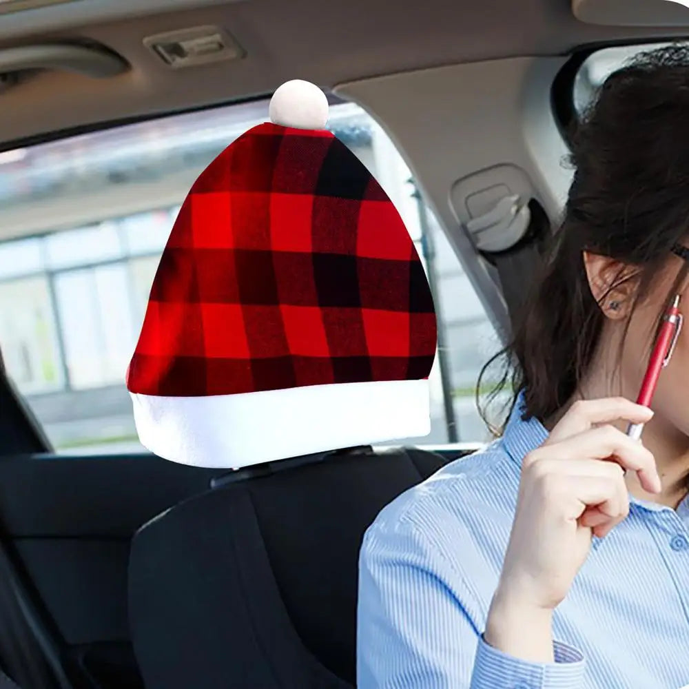 Santa Hat Car Seat Headrest Covers - Festive Christmas Decoration, Universal Fit, Soft Cloth, 34x32 cm