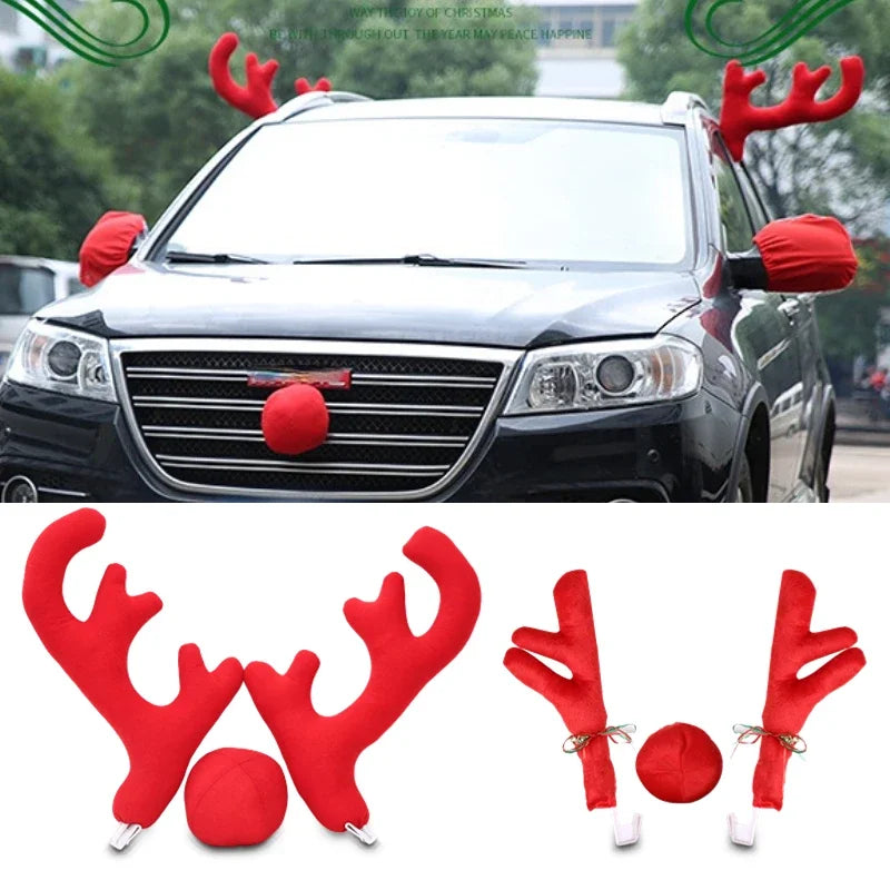 Car elk antlers Christmas Decorations Universal Car Decorative Ornaments Reusable Red nose Multipurpose Auto Christmas Decor - Delicate Leather
