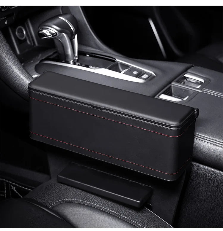 Car Seat Gap Filler Organizer, Custom For All Cars, PU Leather Storage Box - Car Side Gap Seat Organizer and Front Slot Gap Filler with USB Charging Port - Delicate Leather  