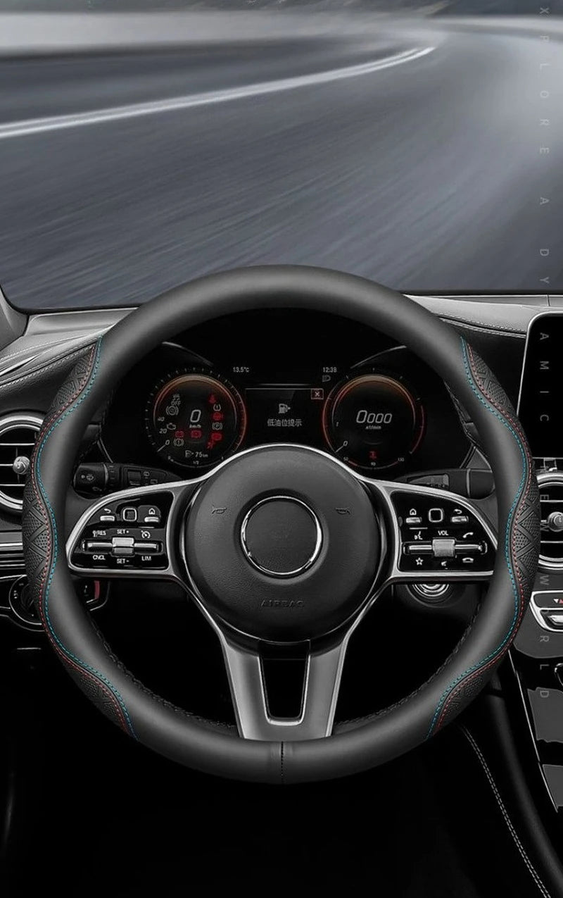 Heavy-Duty Leather Steering Wheel Cover – Universal 38–50cm for Cars, Trucks, Vans & Buses
