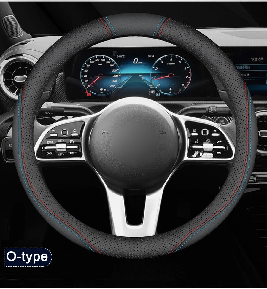 Nappa Leather Car Steering Wheel Cover with Silicone Non-slip Lining