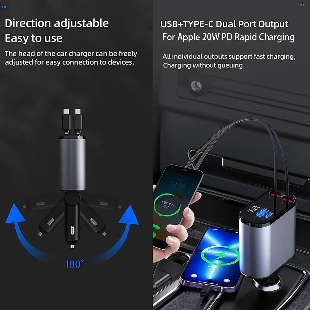 4-in-1 Retractable Car Charger with 100W Power - USB Type C Fast Charging Cable, Cigarette Lighter Adapter - Delicate Leather