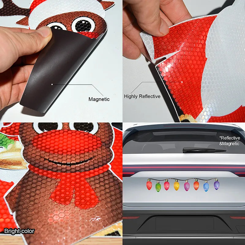 Christmas Decoration Car Sticker Magnetic Decal Refrigerator Magnets Light Bulb Santa Claus Snowman Reflective Sticker Car Decor - Delicate Leather