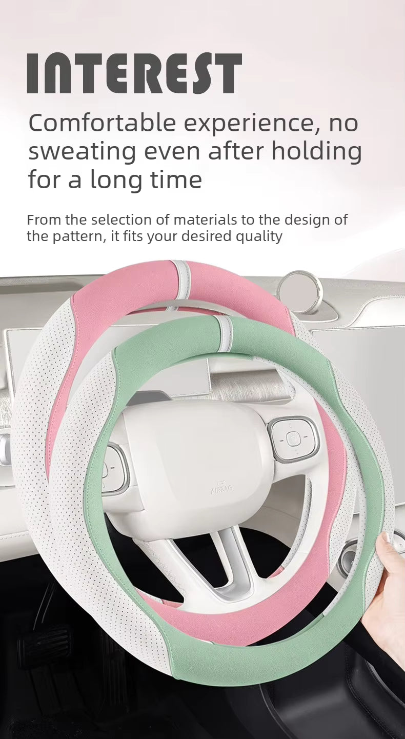 Suede Steering Wheel Cover – Universal 38CM Cute Non-Slip O/D Shape Grip - Delicate Leather