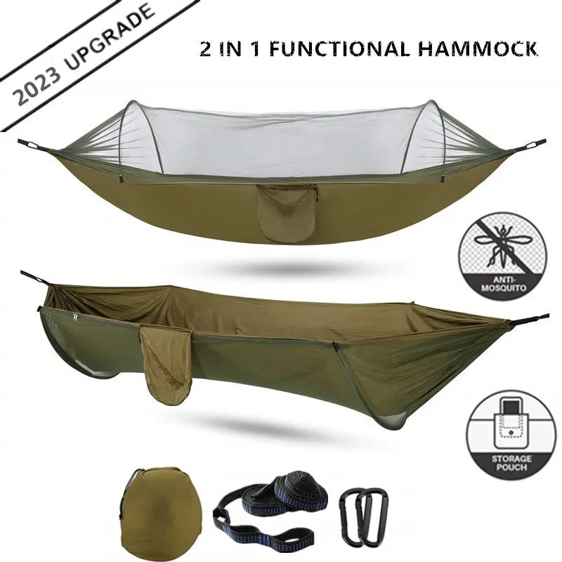 Premium Lightweight Camping Hammock with Integrated Pop-Up Mosquito Net: Durable Parachute Material, Portable Outdoor Swing Sleeping Hammock for Campers - Delicate Leather