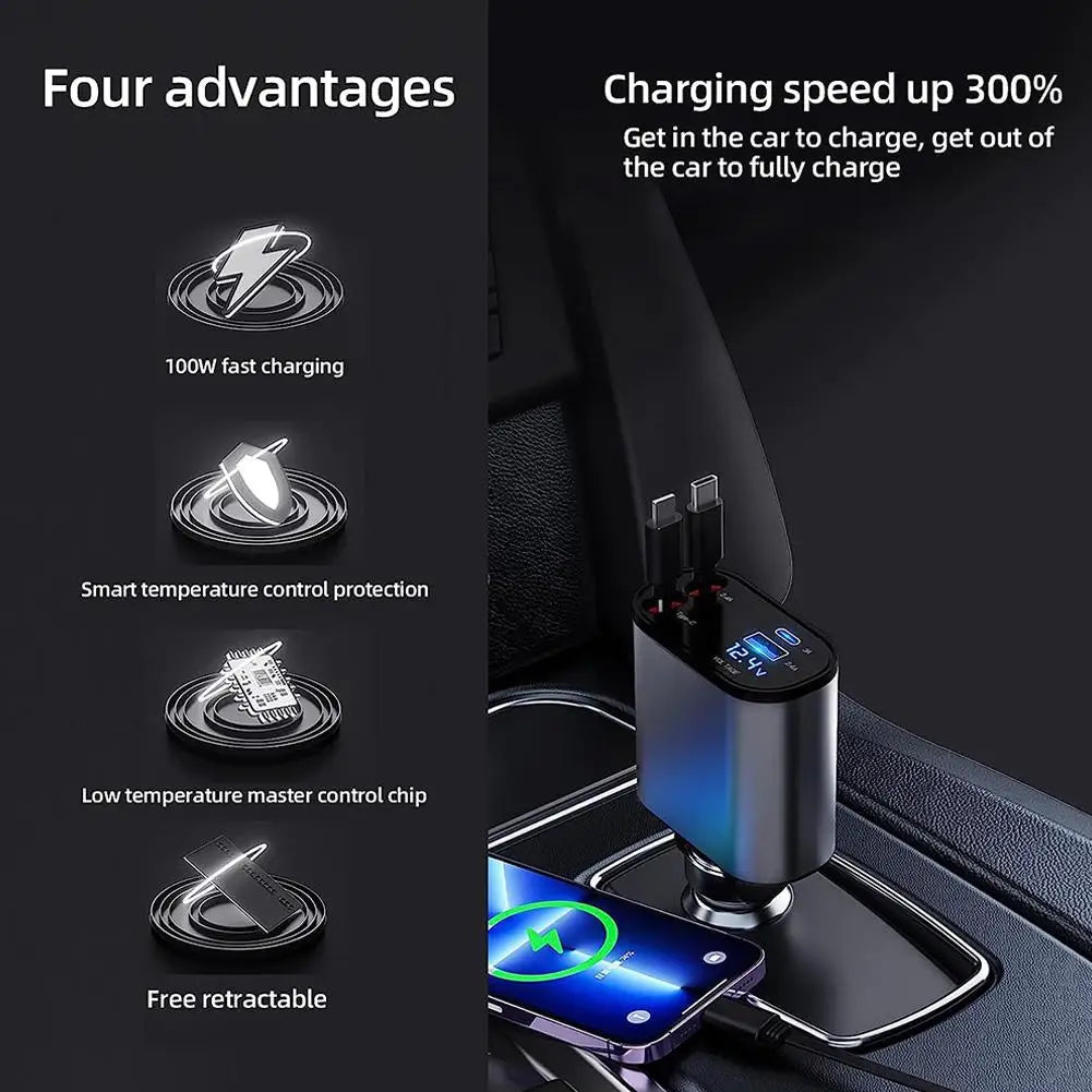 4-in-1 Retractable Car Charger with 100W Power - USB Type C Fast Charging Cable, Cigarette Lighter Adapter - Delicate Leather