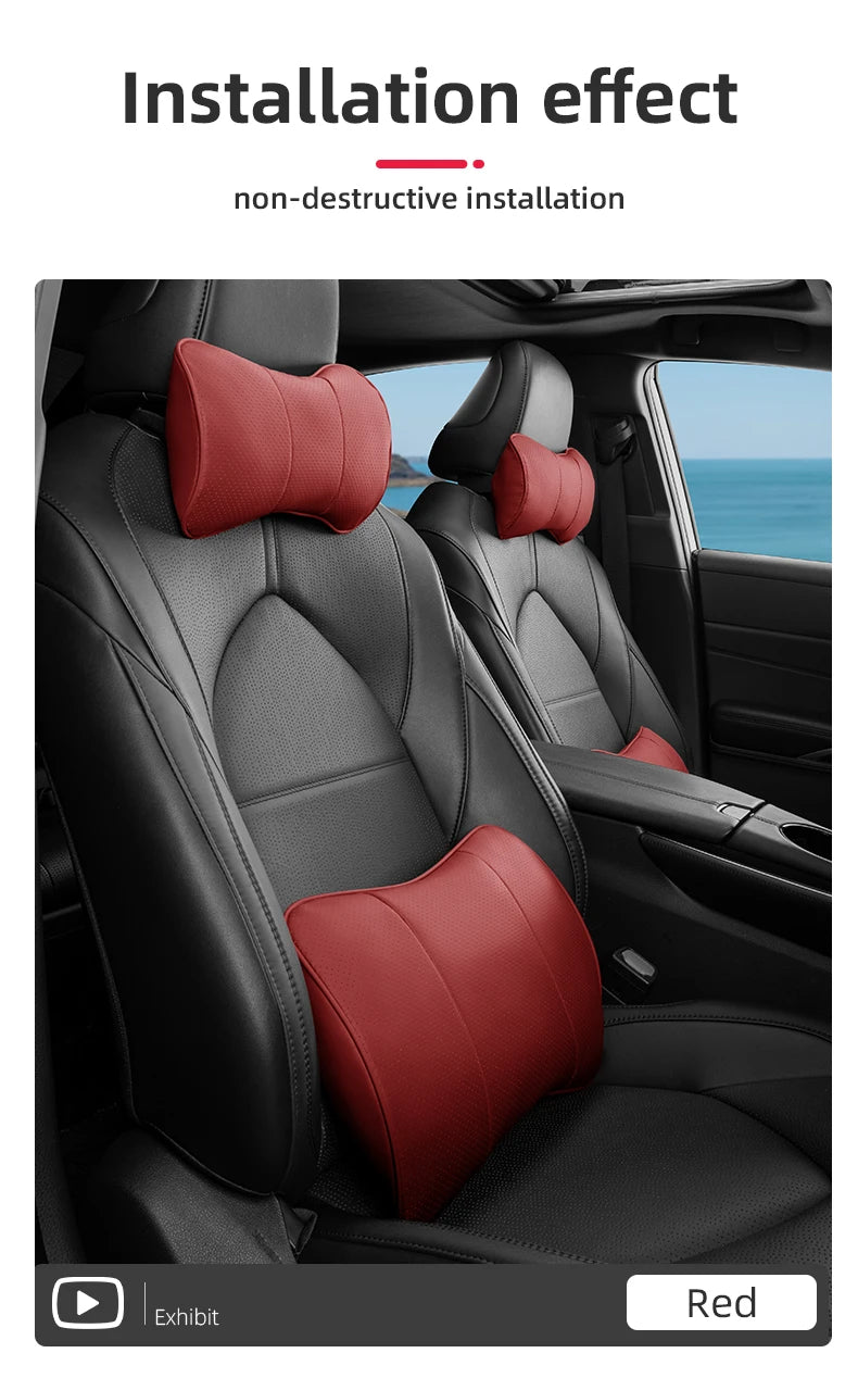 Premium Leather Fiber Car Seat Neck Pillow: Universal Headrest Lumbar Waist Cushion for All Car Models