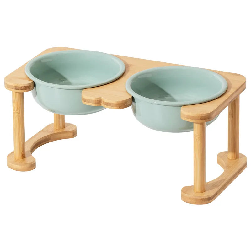 Big Dogs Dining Table Elevated Pet Double Food Water Bowls with Wooden Stand Medium Dog Drinking Eating Feeding Feeders - Delicate Leather