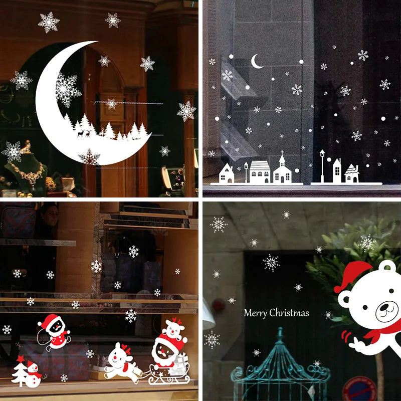 Christmas Window Stickers Snowflake Moon Street Houses Elk Bear Sticker Merry Christmas Decorations for Home Happy New Year 2024 - Delicate Leather
