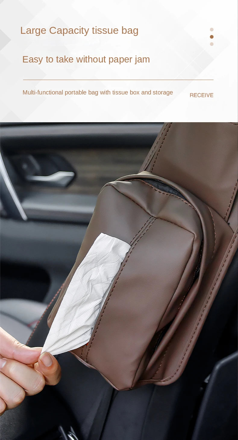 Premium Leather Car Seat Side Storage Bag Hanging Auto Seat Organizer with Tissue Box Holder and Mesh Storage Pocket - Universal Car Interior Organizer