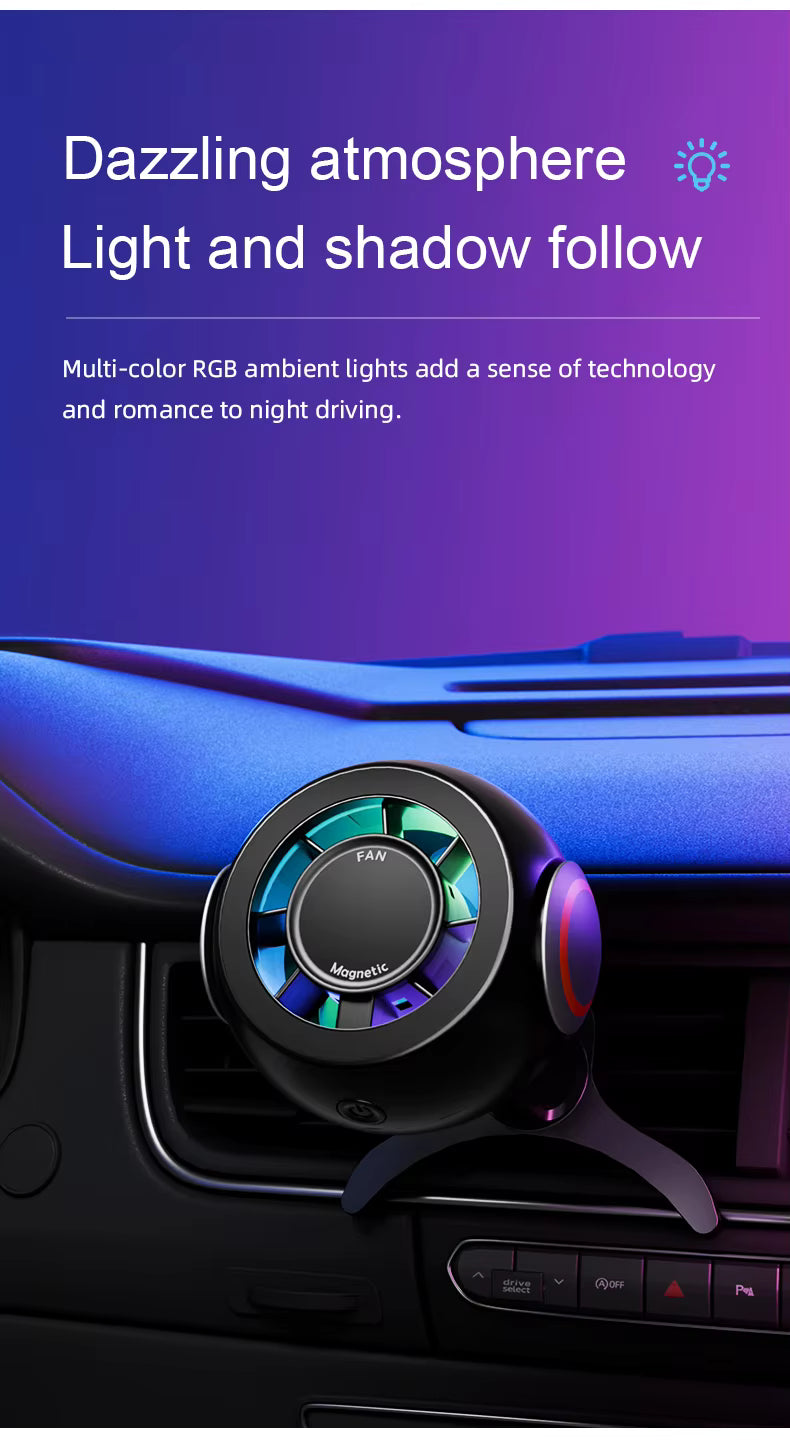 Magnetic Car Phone Holder with Cooling Fan, Aroma Diffuser & RGB Ambient Light - Delicate Leather  