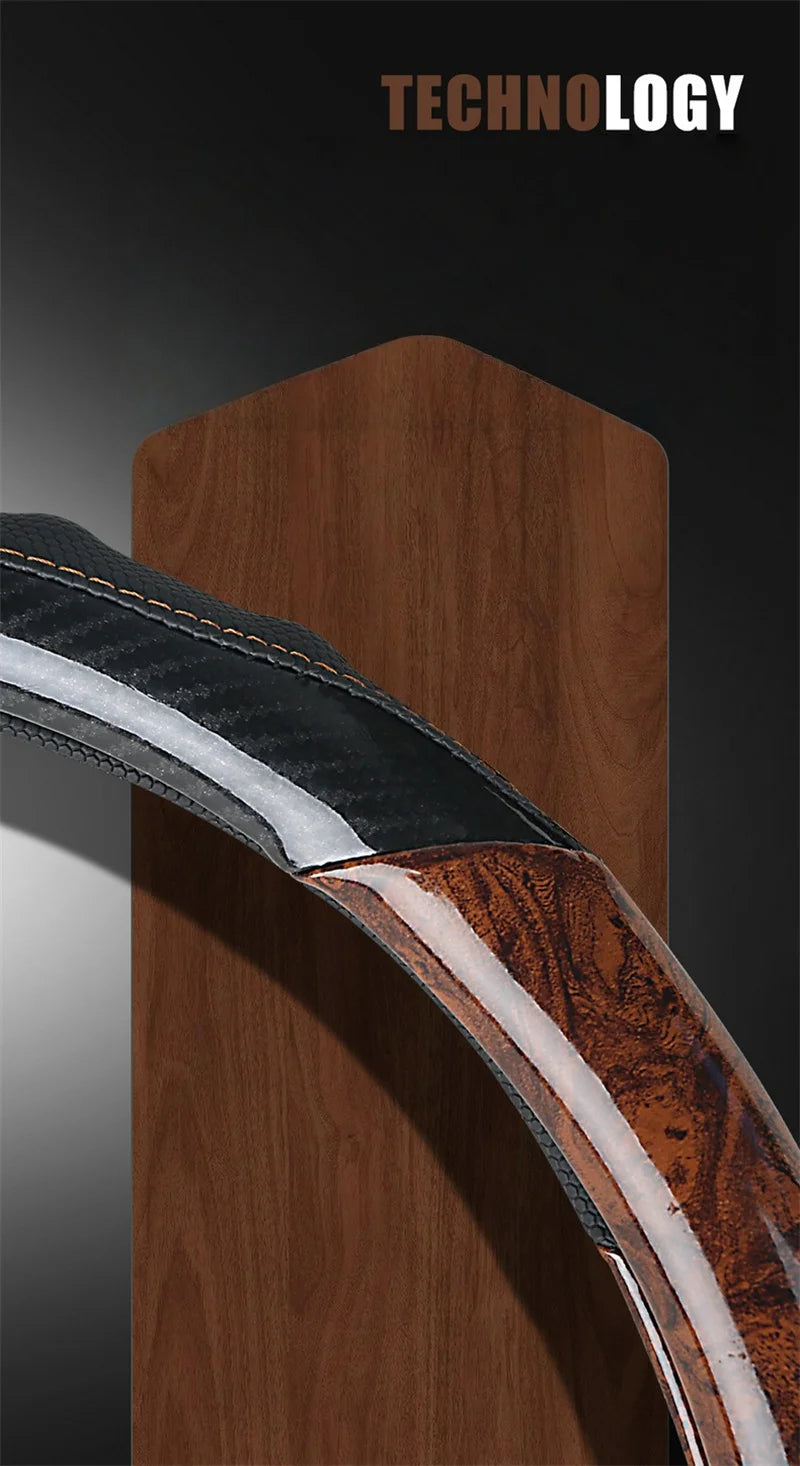 Wood Grain PU Leather Steering Wheel Cover – Universal 37–38cm Anti-Slip All-Season Grip - Delicate Leather