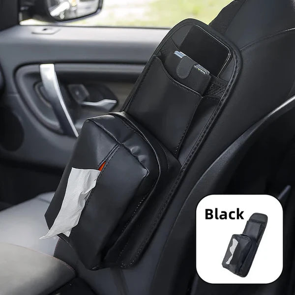 Leather Car Seat Side Storage Bag - Universal Hanging Auto Seat Organizer with Tissue Box Holder and Mesh Pocket