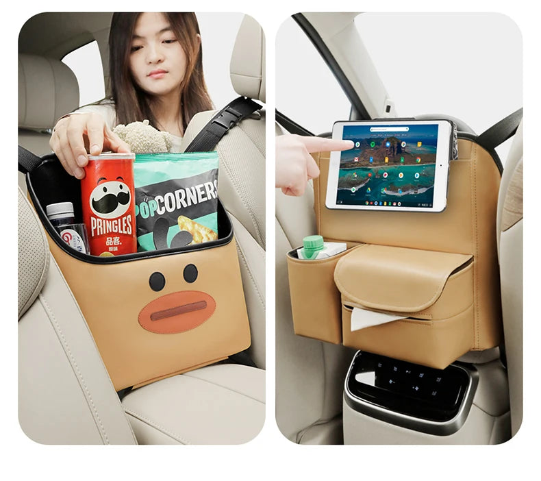 Cute Cartoon Car Seat Middle Organizer - Leather Material Storage Bag for Convenient Auto Tidying