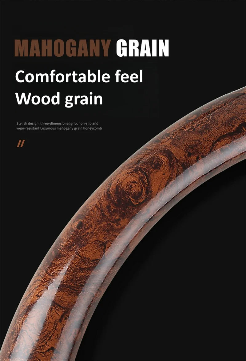 Wood Grain PU Leather Steering Wheel Cover – Universal 37–38cm Anti-Slip All-Season Grip - Delicate Leather
