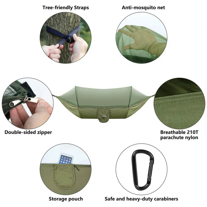 Premium Lightweight Camping Hammock with Integrated Pop-Up Mosquito Net: Durable Parachute Material, Portable Outdoor Swing Sleeping Hammock for Campers - Delicate Leather