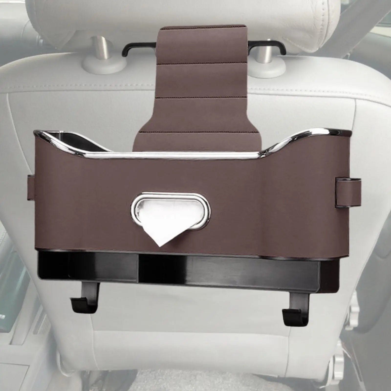 Premium PU Leather Car Headrest Backseat Organizer with Drink Cup Holder and Storage Box - 1 PCS