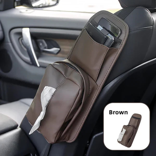 Leather Car Seat Side Storage Bag - Universal Hanging Auto Seat Organizer with Tissue Box Holder and Mesh Pocket