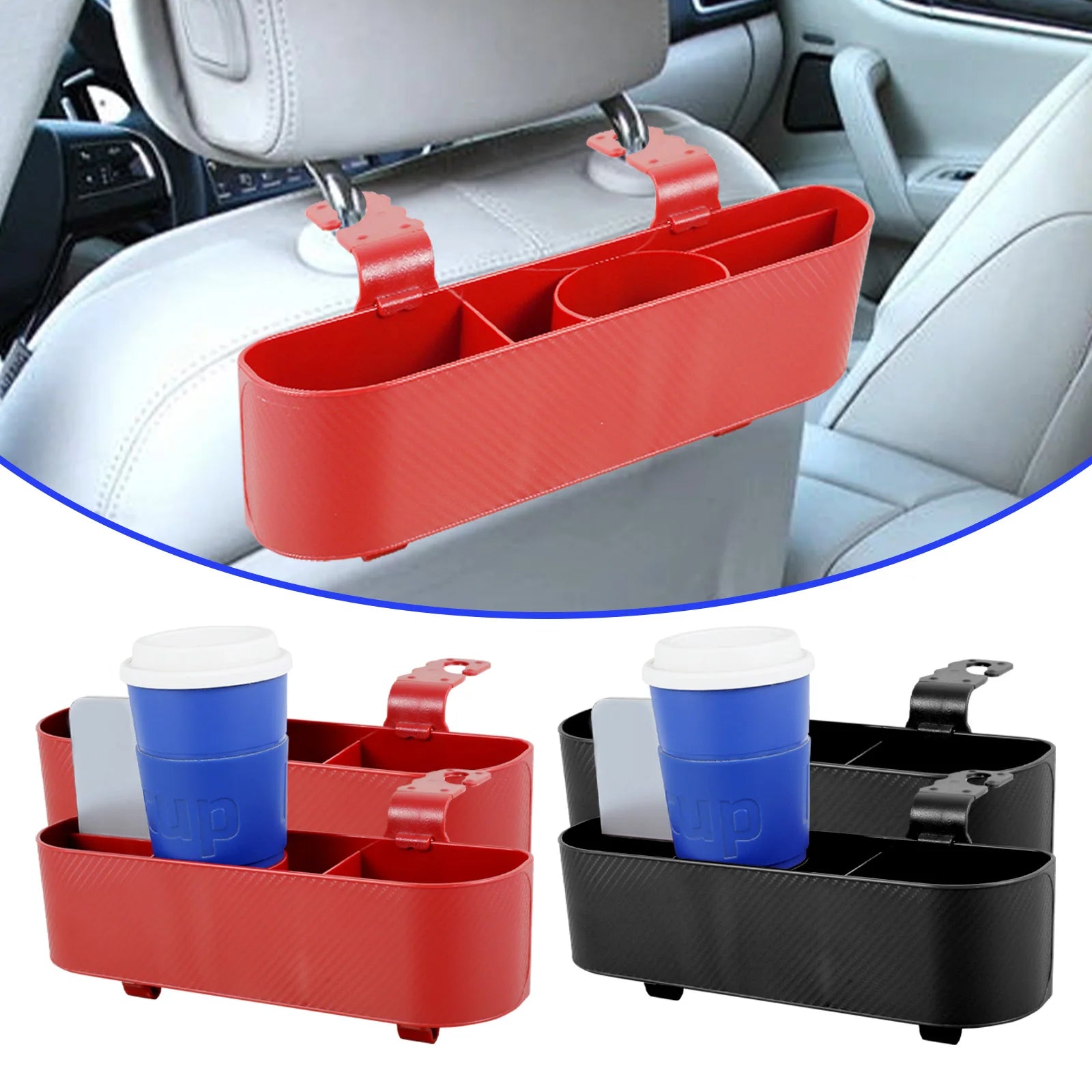 2Pcs Car Headrest Backseat Organizer - Multifunctional Hanging Seat Back Phone Organizer with Cup Holder and 5-Lattice Storage