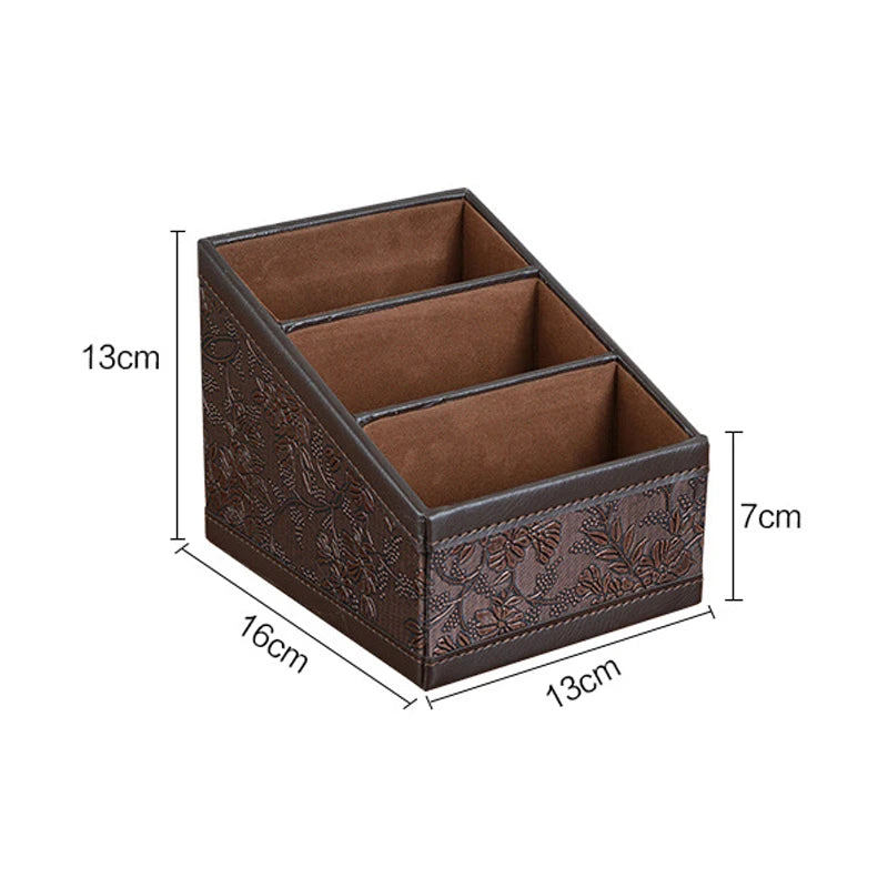 Vintage Flower Decorative Desktop Organizer - PU Leather Edging TV Remote Control Holder, Makeup Storage Box, Home Office Pens Rack