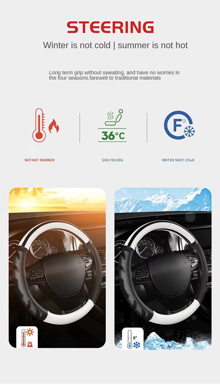Carbon Fiber Steering Wheel Cover – Universal 38CM O/D Shape Honeycomb Non-Slip Grip - Delicate Leather