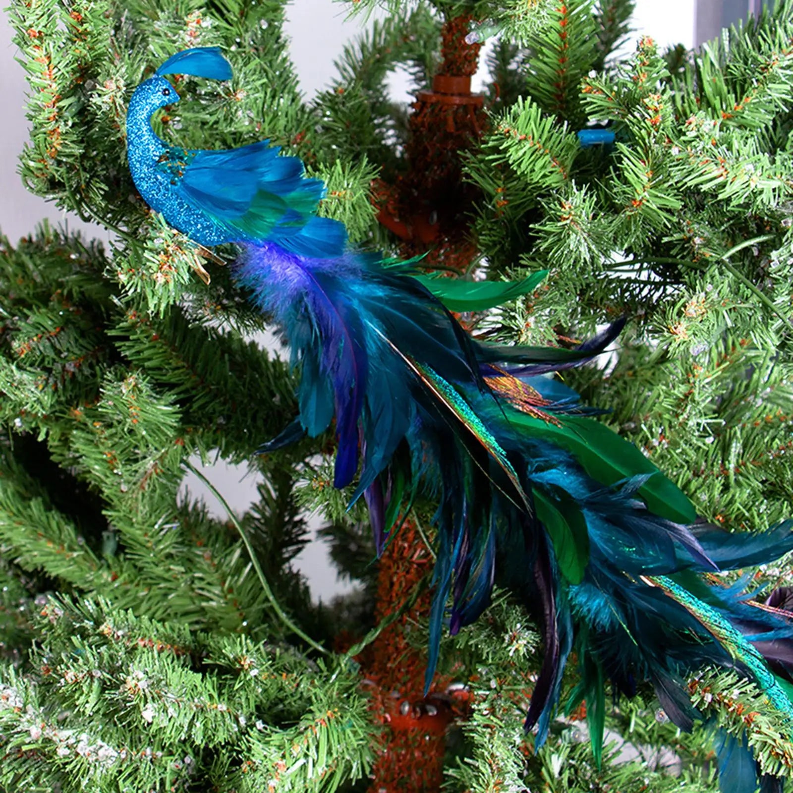 Turquoise Peacock Decor Xmas Tree Hanging Decoration with Clip Craft Faux Peacock Glittered Bird for Festival Party Accessories - Delicate Leather