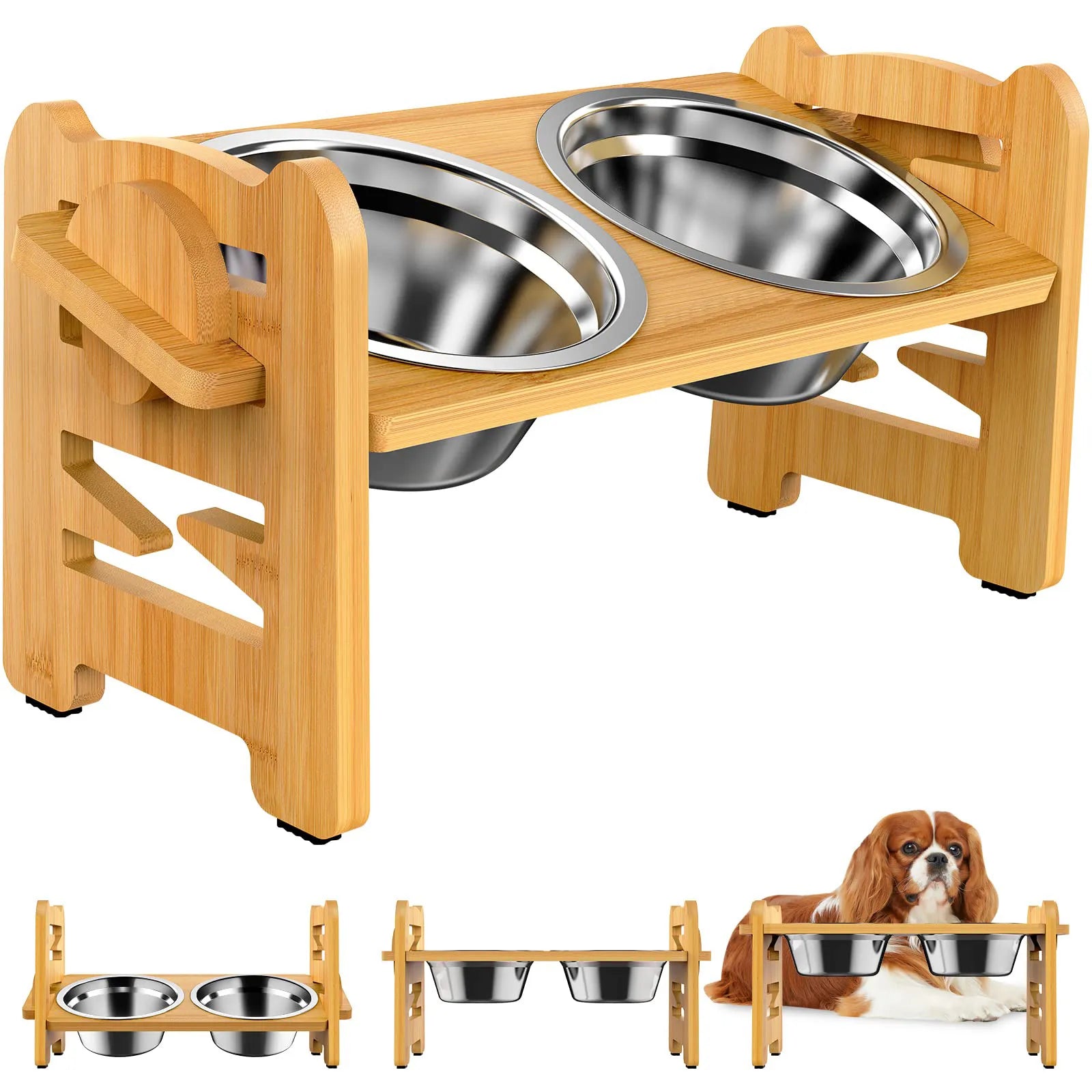 Elevated Stainless Dog Bowls with Bamboo Stand Tilted Adjustable Raised Puppy Cat Food Water Bowls Holder Pet Feeder Accessories - Delicate Leather