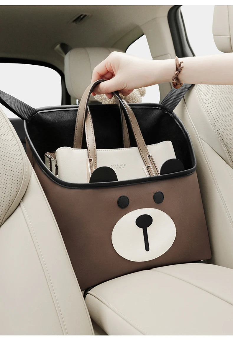 Cute Cartoon Car Seat Middle Organizer - Leather Material Storage Bag for Convenient Auto Tidying