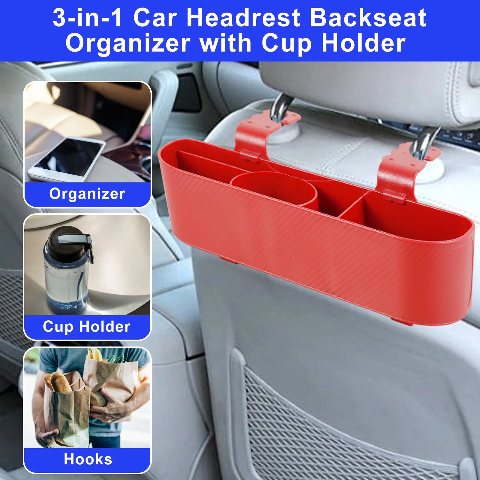 2Pcs Car Headrest Backseat Organizer - Multifunctional Hanging Seat Back Phone Organizer with Cup Holder and 5-Lattice Storage