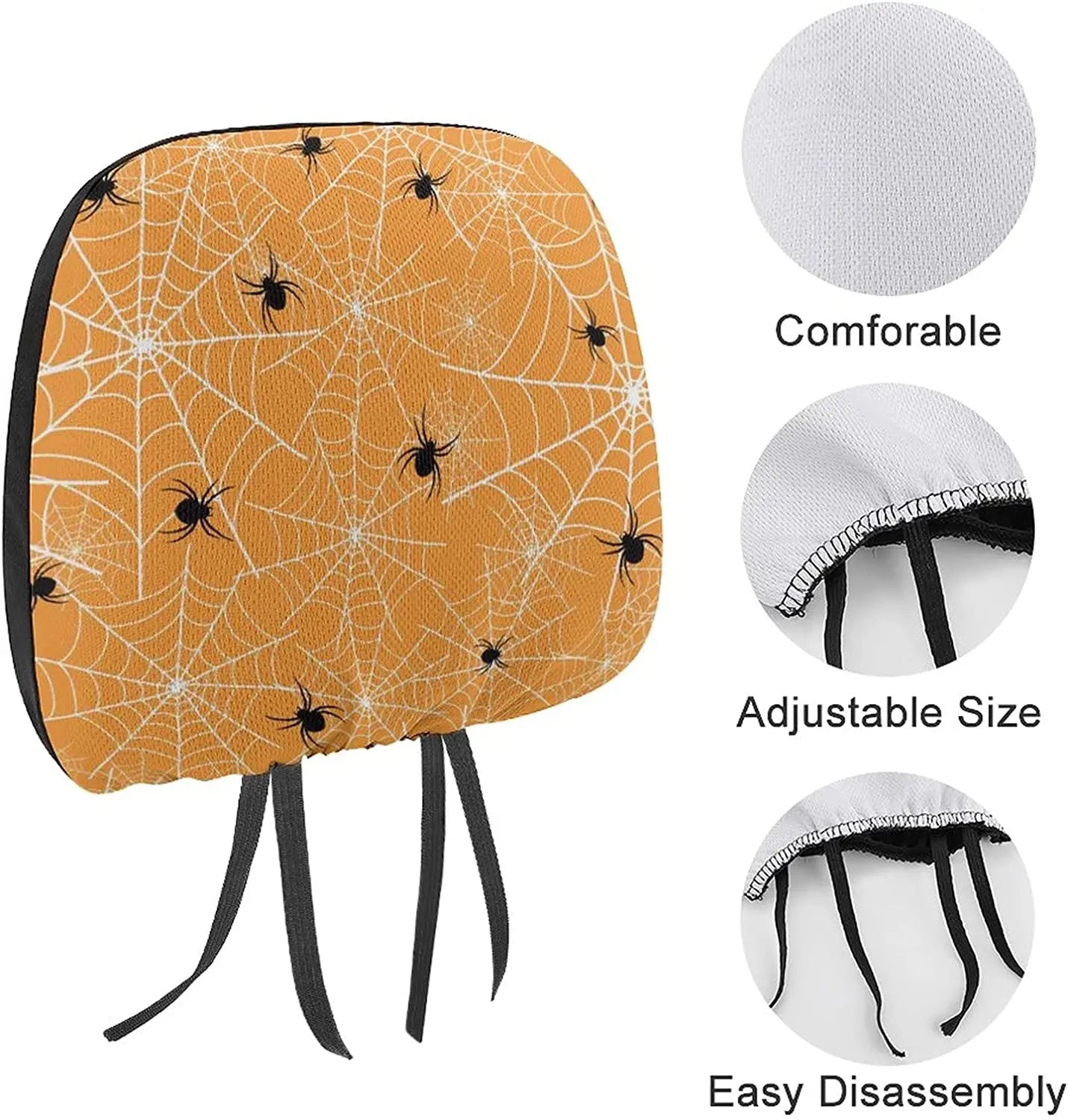 Halloween Spider Black White Spiderweb Orange Pattern Car Headrest Cover - 2 Pack