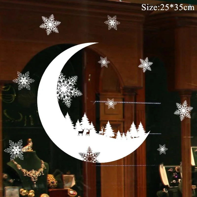 Christmas Window Stickers Snowflake Moon Street Houses Elk Bear Sticker Merry Christmas Decorations for Home Happy New Year 2024 - Delicate Leather