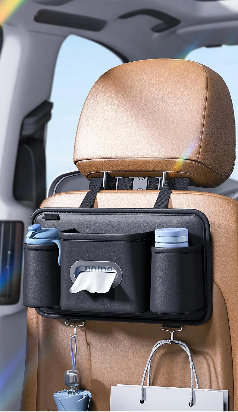 Luxury Leather Car Backseat Organizer with Cup Holder, Tissue Box, Seat Back Hook Hanger, Bottle Holder, and Paper Napkin Storage Bag - Universal Fit for Vehicle Headrests