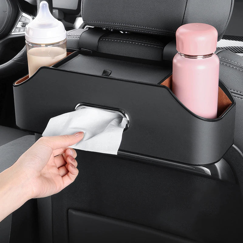 Multifunctional Car Seat Back Organizer with Insulated Cup Holders, Tissue Box, Cell Phone Holders, and Storage Compartments for Clutter-Free Travel