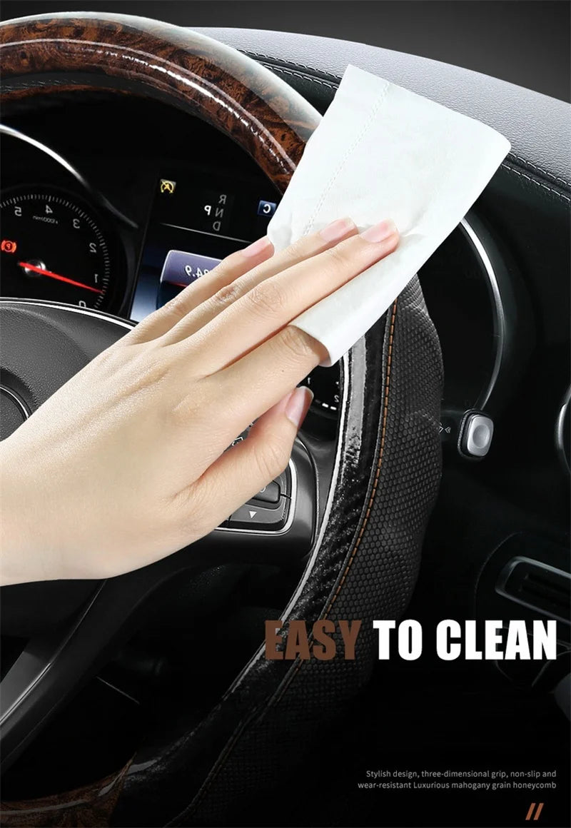 Wood Grain PU Leather Steering Wheel Cover – Universal 37–38cm Anti-Slip All-Season Grip - Delicate Leather