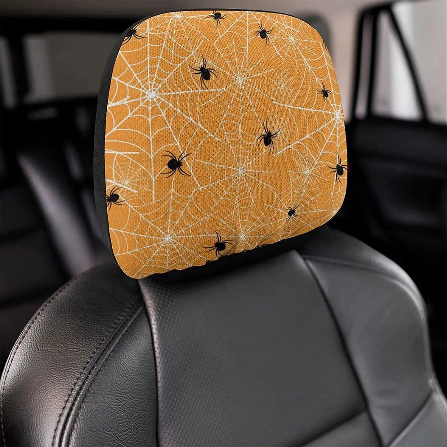 Halloween Spider Black White Spiderweb Orange Pattern Car Headrest Cover - 2 Pack