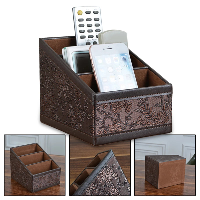 Vintage Flower Decorative Desktop Organizer - PU Leather Edging TV Remote Control Holder, Makeup Storage Box, Home Office Pens Rack