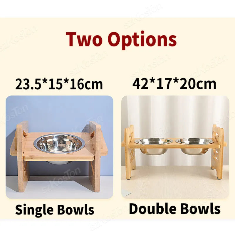 Elevated Stainless Dog Bowls with Bamboo Stand Tilted Adjustable Raised Puppy Cat Food Water Bowls Holder Pet Feeder Accessories - Delicate Leather