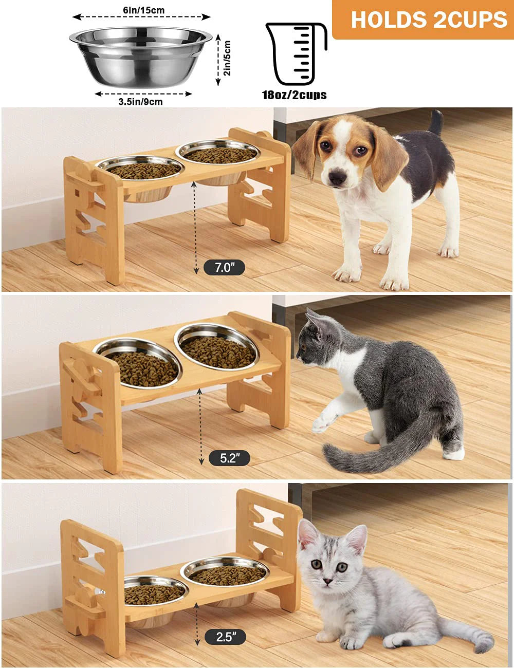 Elevated Stainless Dog Bowls with Bamboo Stand Tilted Adjustable Raised Puppy Cat Food Water Bowls Holder Pet Feeder Accessories - Delicate Leather