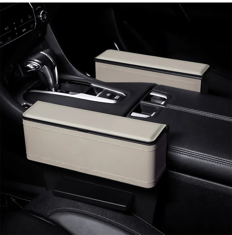 Car Seat Gap Filler Organizer, Custom For All Cars, PU Leather Storage Box - Car Side Gap Seat Organizer and Front Slot Gap Filler with USB Charging Port - Delicate Leather  